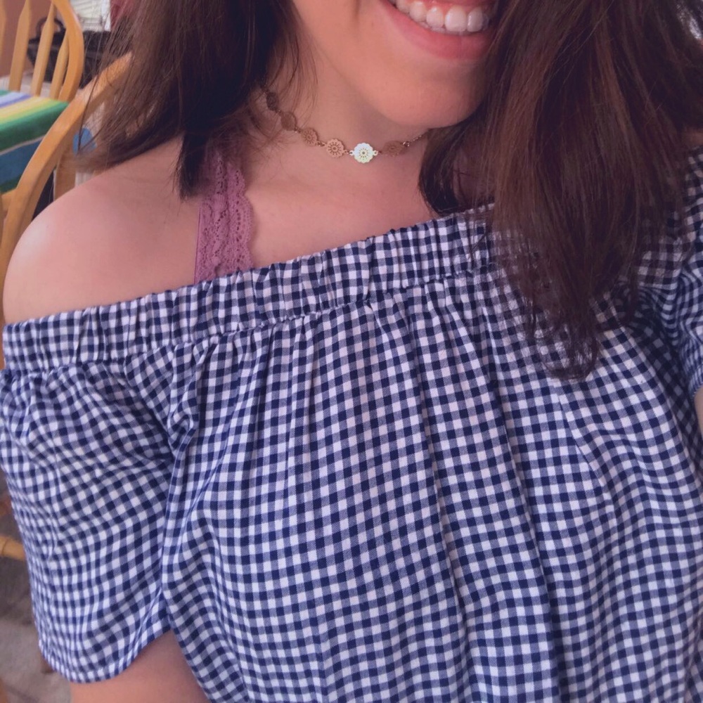 Checkered off the shoulder top blue and white